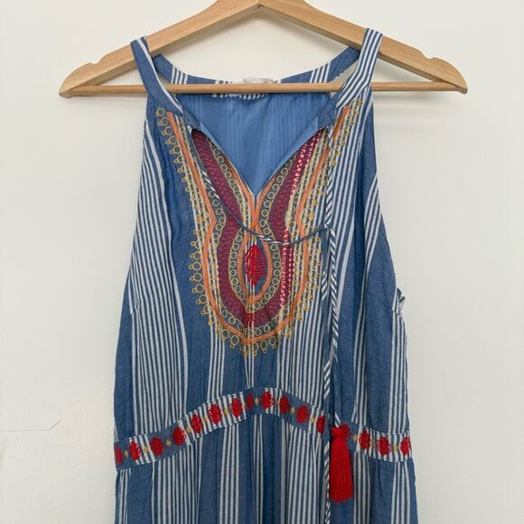 Thml Bohemian Embroidered Blue Striped Maxi Dress - Picture 3 of 6